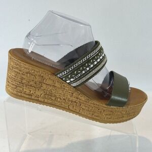 Toscanella Gracelin Wedge Cork Heel Sandals Women's Size 10 Green Made In Italy